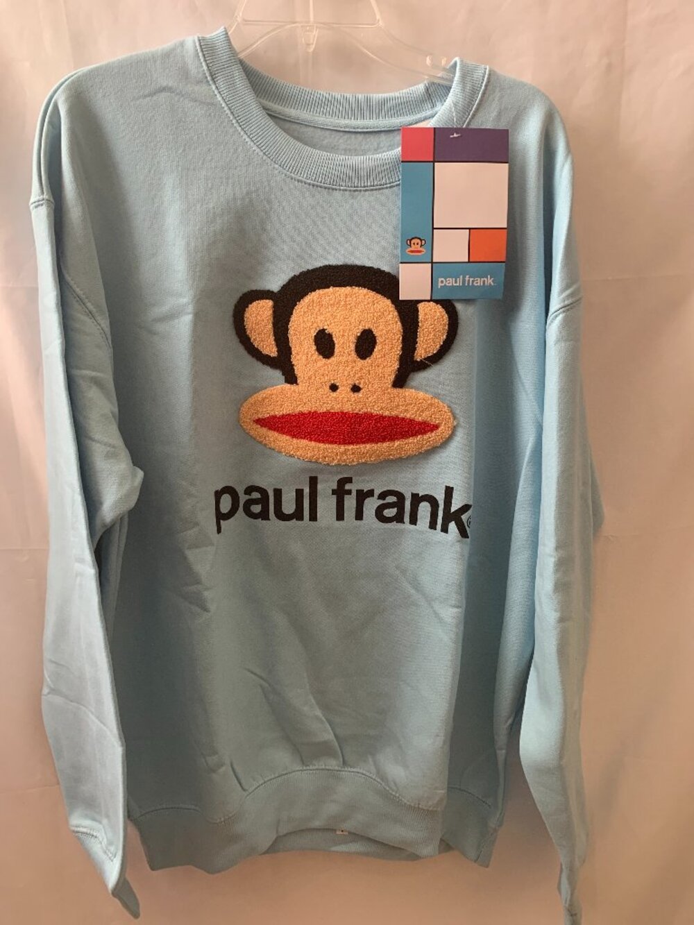 PAUL FRANK Julius the Monkey Embroidered Patch Crew Neck Sweater in Blue Sz LAR